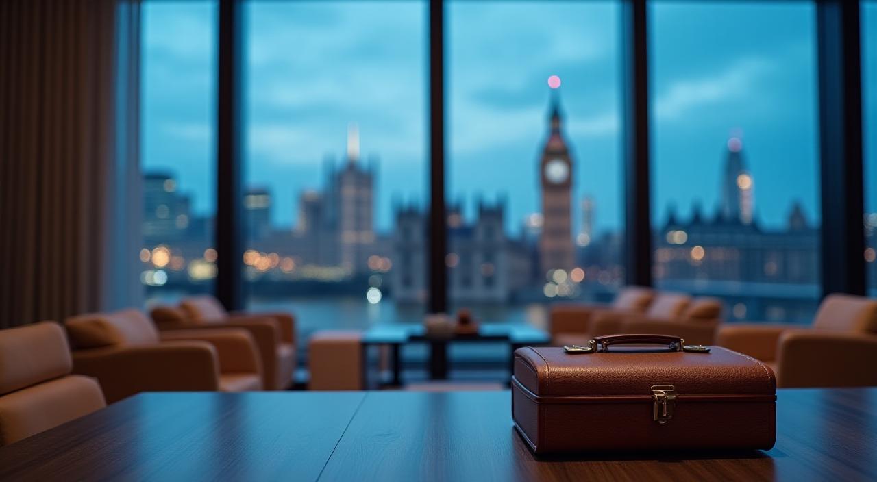 Executive boardroom overlooking a global city skyline